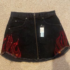 NWT Carmar Denim Skirt with Rhinestone Flames